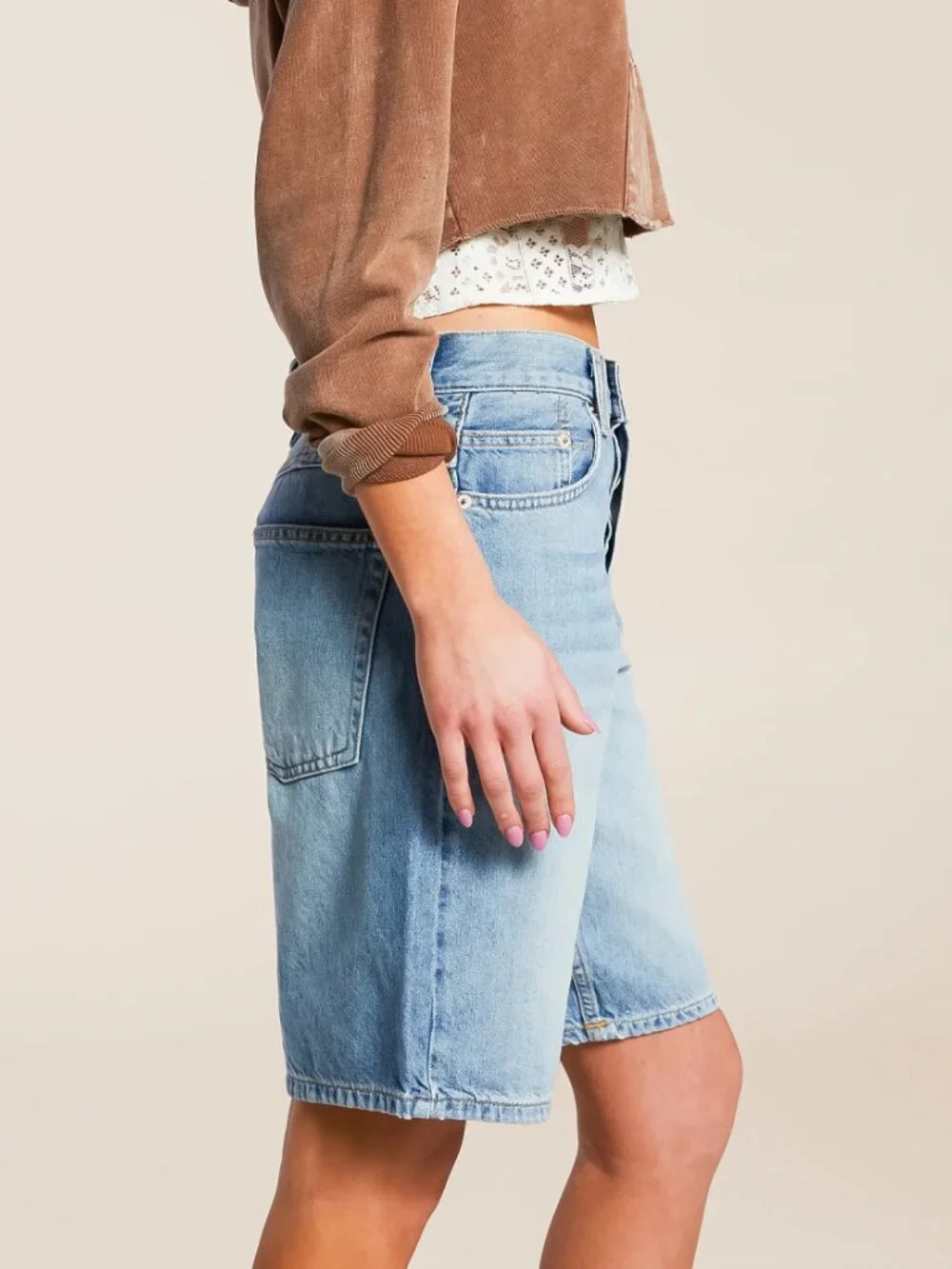 FREE PEOPLE Montana Short Long Denim Shorts Baggy Loose Bermuda Light Wash sz 27